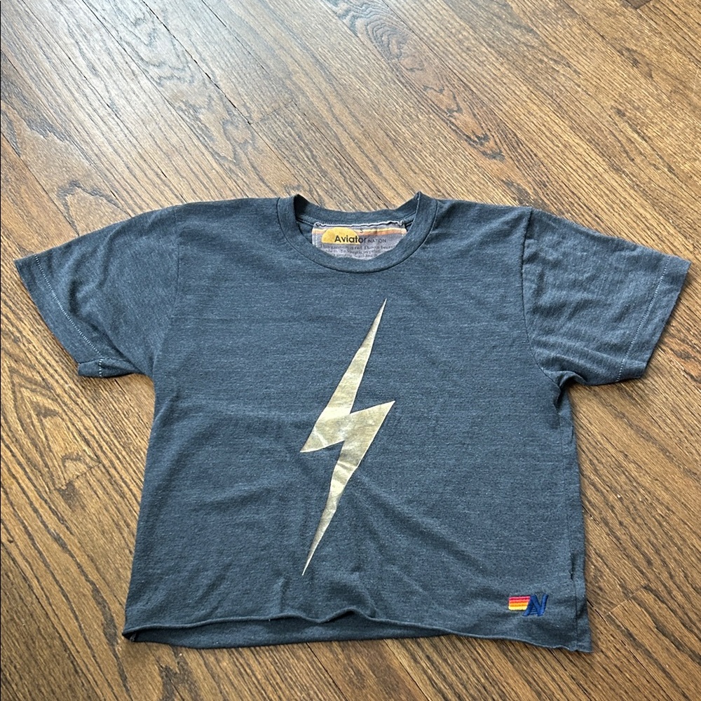 Aviator Nation Charcoal Tee with Gold Lightning Bolt